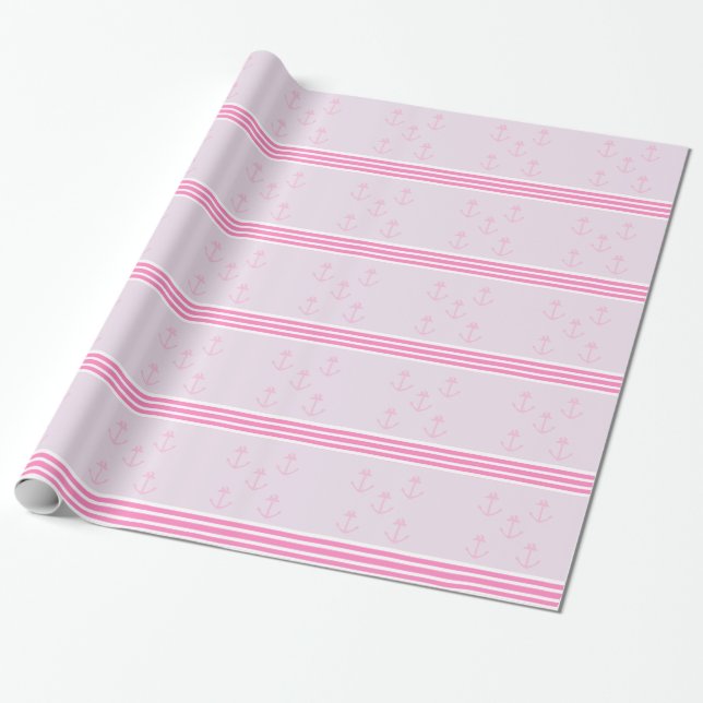 Pink Nautical Anchors Wrapping Paper (Unrolled)