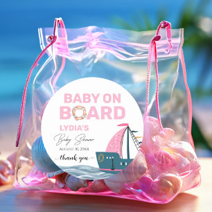 Pink Nautical Baby on Board Baby Shower Classic Round Sticker