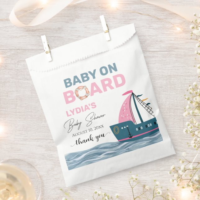 Pink Nautical Baby on Board Baby Shower Favour Bags (Clipped)