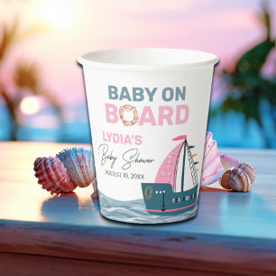 Pink Nautical Baby on Board Baby Shower Paper Cups
