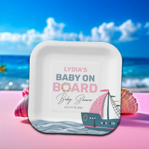 Pink Nautical Baby on Board Baby Shower Paper Plate