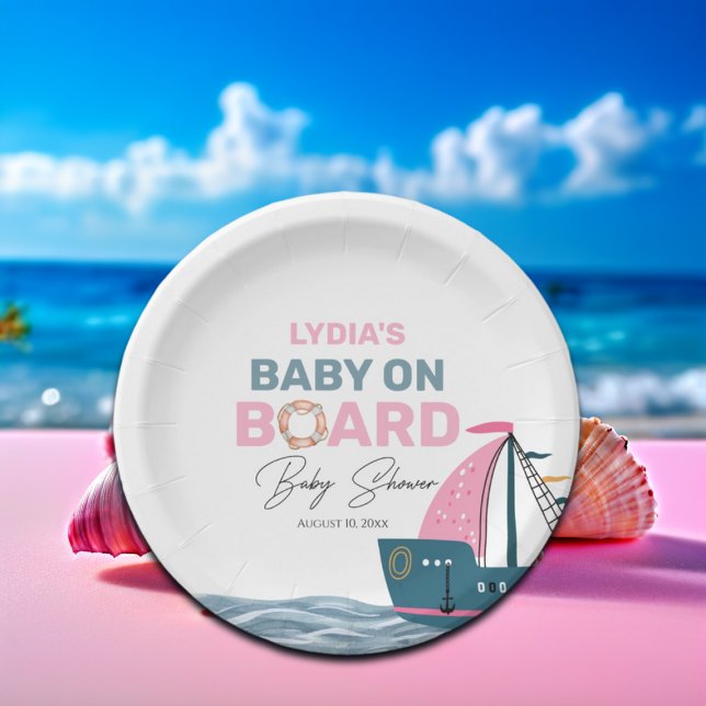 Pink Nautical Baby on Board Baby Shower Paper Plate (Creator Uploaded)