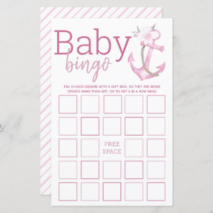 Pink Nautical Baby Shower Baby Bingo Game