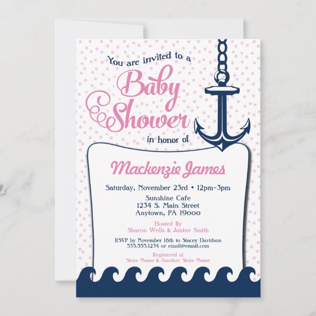 Pink Nautical Baby Shower Invitation Retro Girl (Front)