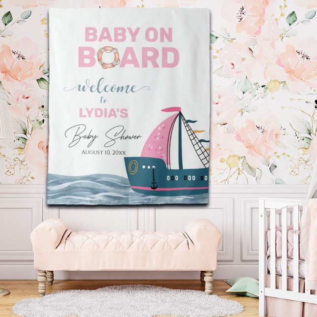 Pink Nautical Baby Shower Welcome Backdrop Tapestry (Creator Uploaded)