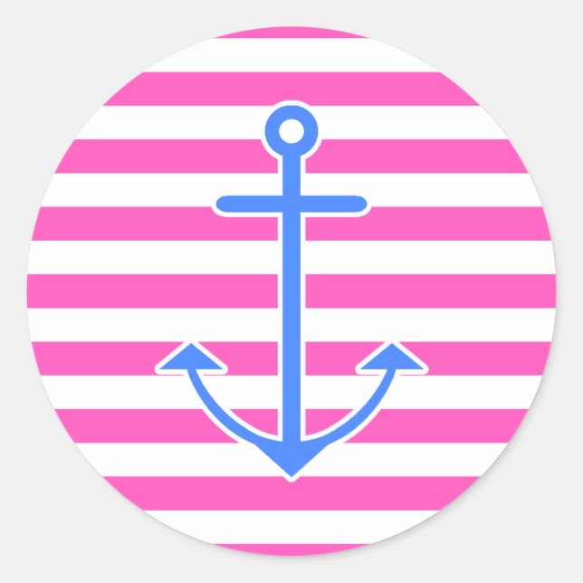 Pink Nautical Blue Anchor Classic Round Sticker (Front)