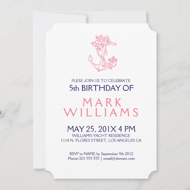 Pink Nautical Floral Anchor Birthday Party Invite (Front)