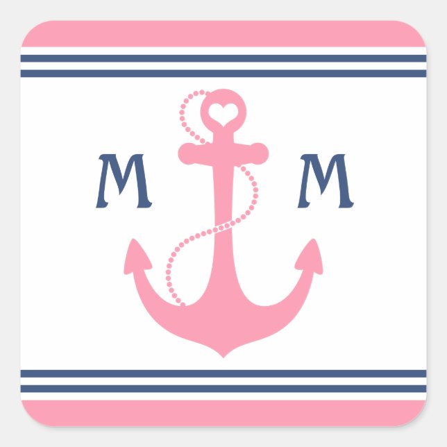 Pink Nautical Heart Anchor Square Sticker (Front)