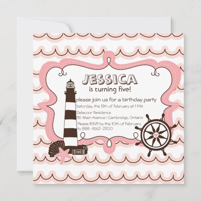 Pink Nautical Lighthouse Birthday Invitation (Front)