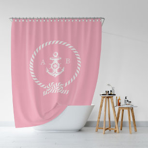 Pink Nautical Rope and Anchor Monogram Shower Curtain