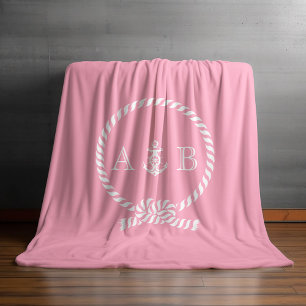 Pink Nautical Rope and Anchor Monogrammed Fleece Blanket