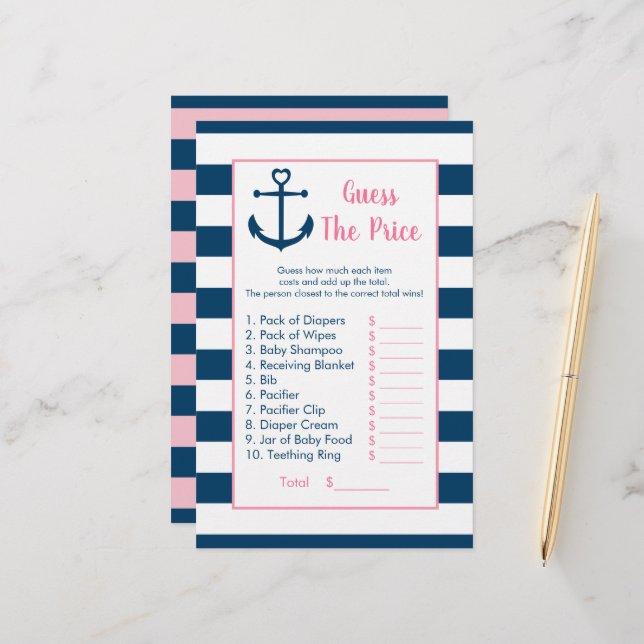 Pink Navy Anchor Guess The Price Shower Game (Front/Back In Situ)