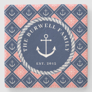 Pink Navy Anchor Ship's Wheel Pattern Add Name Stone Coaster