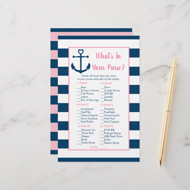 Pink Navy Anchor What's In Your Purse Game (Front/Back In Situ)