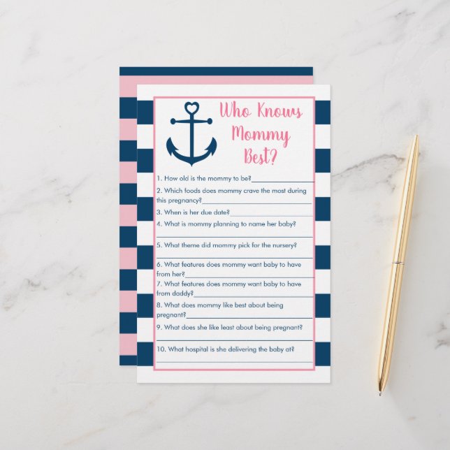 Pink Navy Anchor Who Knows Mummy Best Game (Front/Back In Situ)