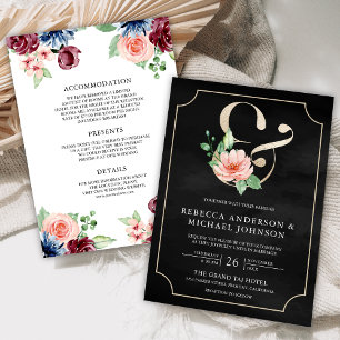 Pink Navy Black Burgundy Floral Ampersand Wedding Invitation