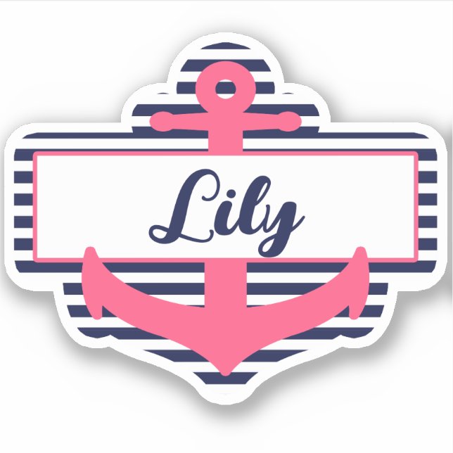 Pink & Navy Blue Anchor Name Sticker For School (Front)
