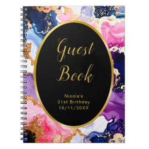 Pink, Navy Blue and Gold Ink Birthday Guest Book