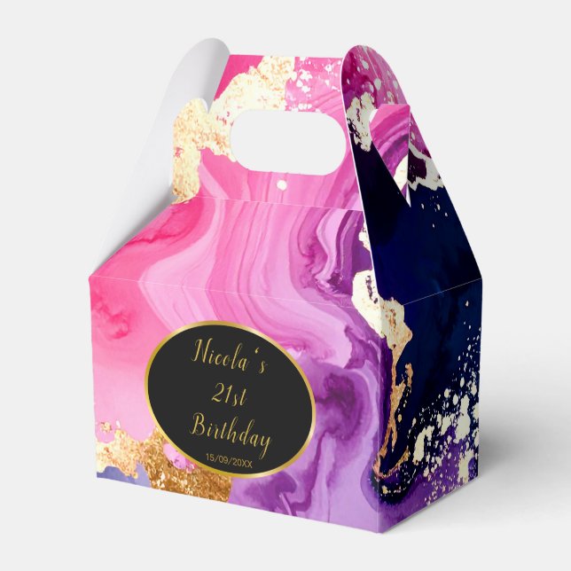 Pink, Navy Blue and Gold Ink Birthday Party Favour Box (Front Side)