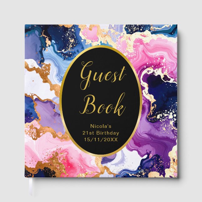 Pink, Navy Blue and Gold Ink Birthday Party Guest Book (Front)