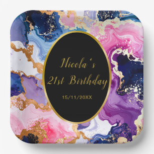 Pink, Navy Blue and Gold Ink Birthday Party Paper Plate
