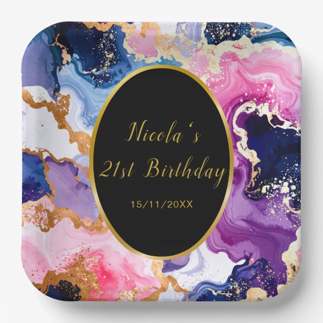 Pink, Navy Blue and Gold Ink Birthday Party Paper Plate (Front)
