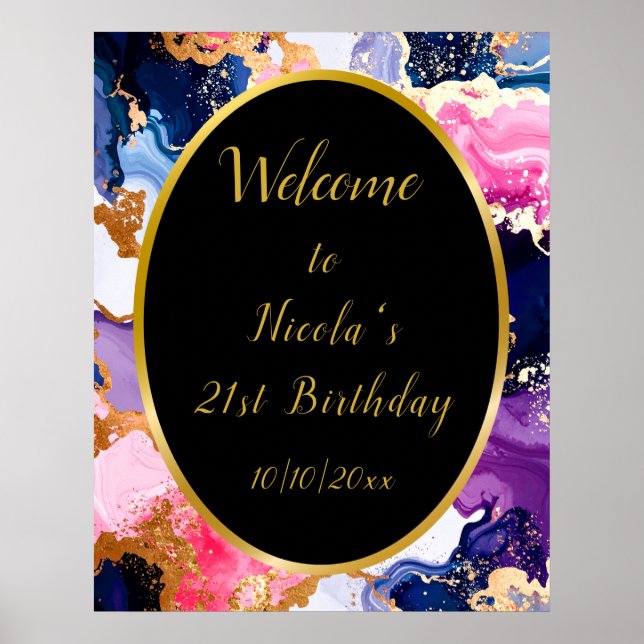Pink, Navy Blue and Gold Ink Birthday Party Poster (Front)