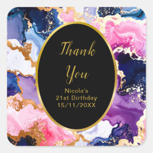 Pink, Navy Blue and Gold Ink Birthday Party Square Sticker