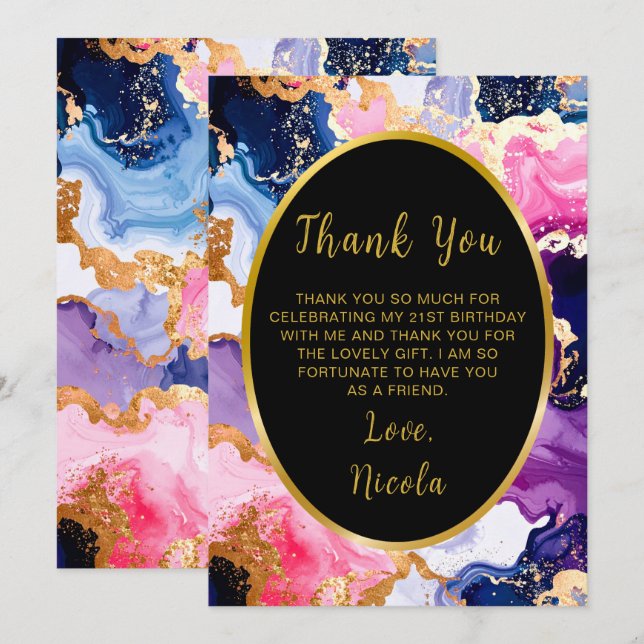 Pink, Navy Blue and Gold Ink Birthday Party Thank You Card (Front/Back)