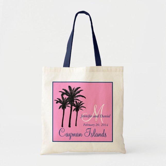 Pink Navy Blue Beach Wedding Palm Trees Tote Bag (Front)
