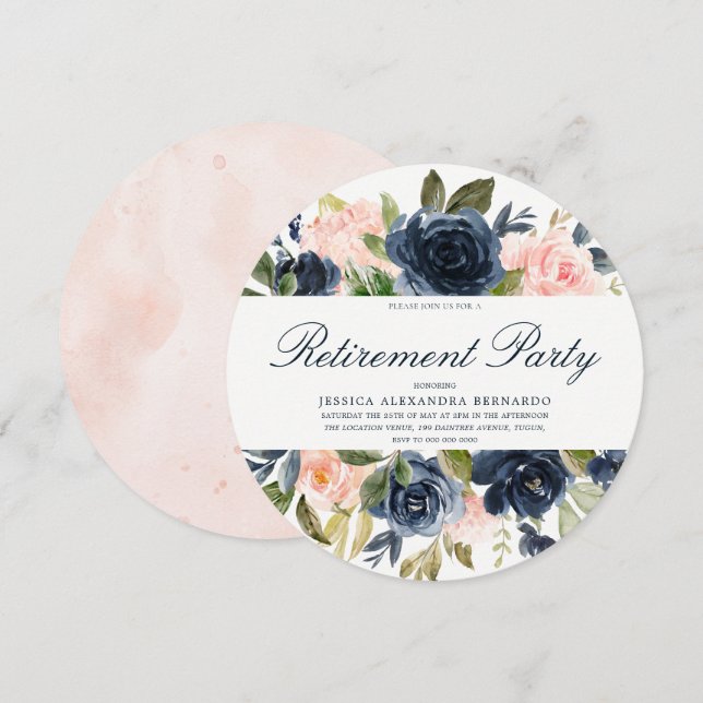 Pink Navy Blue Boy Blush Floral Retirement Party Invitation (Front/Back)