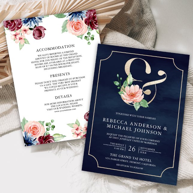Pink Navy Blue Burgundy Floral Ampersand Wedding Invitation (Creator Uploaded)
