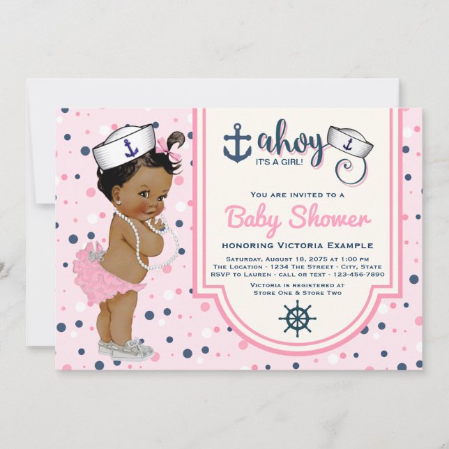 Pink Navy Blue Ethnic Girl Nautical Baby Shower Invitation (Front)