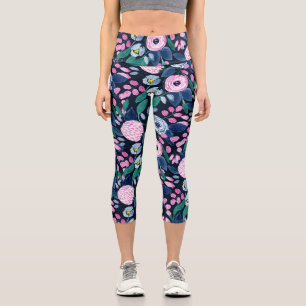 Pink Navy Blue Floral Bouquet Watercolor Pattern Capri Leggings