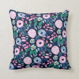 Pink Navy Blue Floral Bouquet Watercolor Pattern Cushion