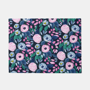 Pink Navy Blue Floral Bouquet Watercolor Pattern Doormat