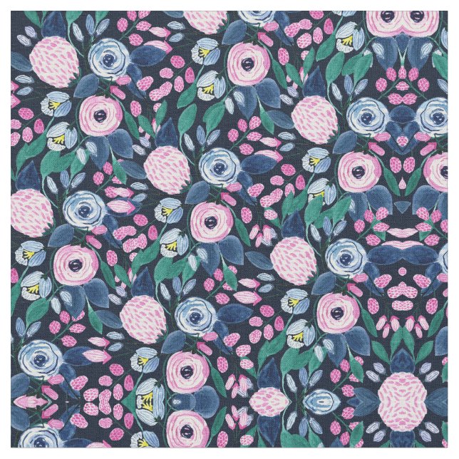 Pink Navy Blue Floral Bouquet Watercolor Pattern Fabric (Close Up)