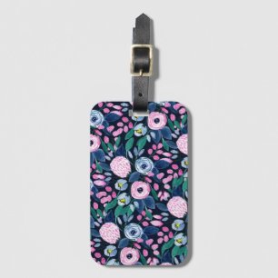 Pink Navy Blue Floral Bouquet Watercolor Pattern Luggage Tag