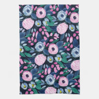 Pink Navy Blue Floral Bouquet Watercolor Pattern