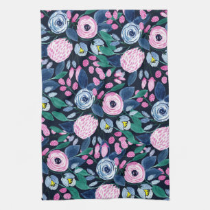 Pink Navy Blue Floral Bouquet Watercolor Pattern Tea Towel
