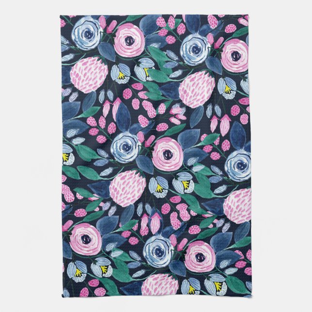 Pink Navy Blue Floral Bouquet Watercolor Pattern Tea Towel (Vertical)