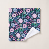 Pink Navy Blue Floral Bouquet Watercolor Pattern