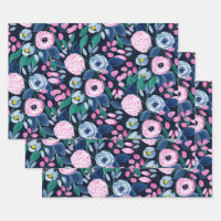 Pink Navy Blue Floral Bouquet Watercolor Pattern