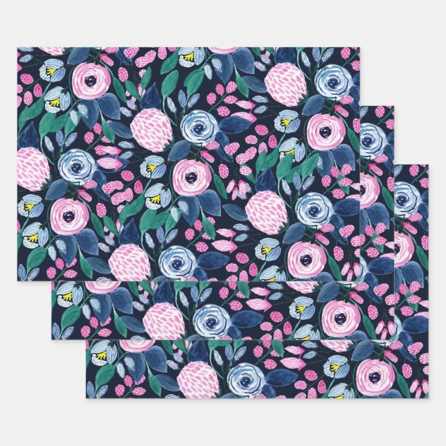 Pink Navy Blue Floral Bouquet Watercolor Pattern Wrapping Paper Sheet (Set)
