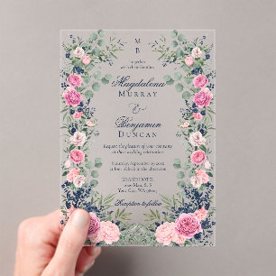 Pink Navy Blue Floral Eucalyptus Greenery Wedding Acrylic Invitations