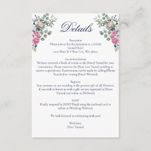 Pink Navy Blue Floral Eucalyptus Greenery Wedding Enclosure Card