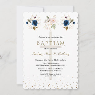 Pink Navy Blue Floral Gold Triplets Baptism   Invitation