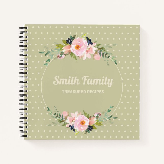 Pink Navy Blue Floral Green Cream Polka Dot Recipe Notebook (Front)