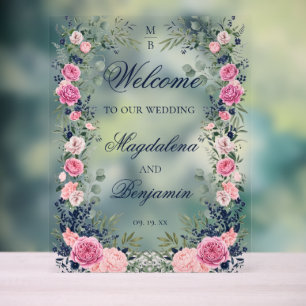 Pink Navy Blue Floral Greenery Wedding Welcome Acrylic Sign