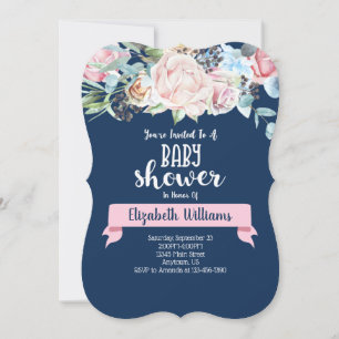 Pink Navy Blue Flowers Baby Shower Invitation